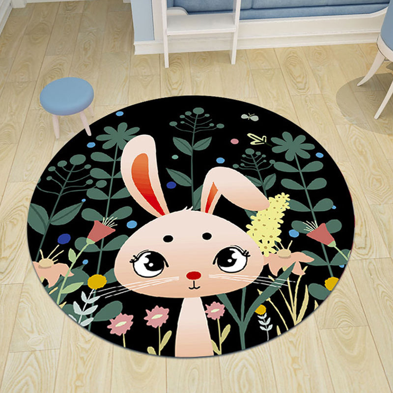 Skorter | Black and Pink Children's Rug Animal Lion Rabbit Flamingo Pattern Carpet Polyester Stain-Resistant Rug