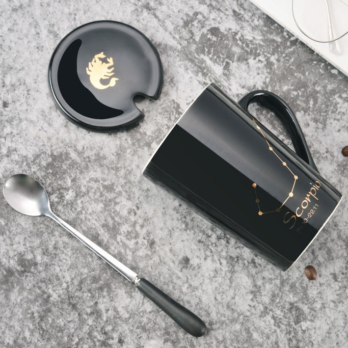 skorter | 12 constellations black ceramic mug with lid spoon