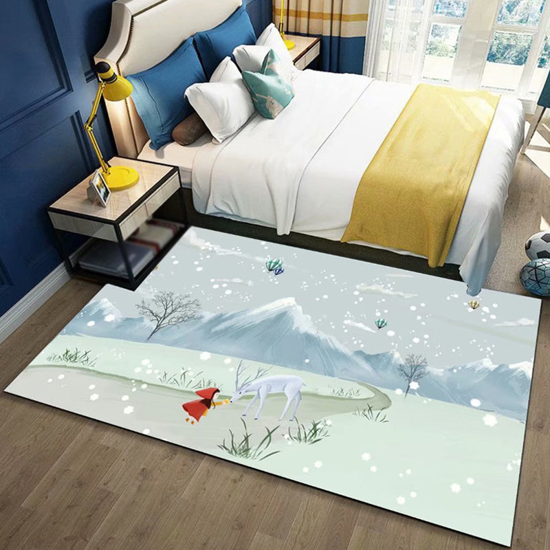 Skorter | Beautiful Children's Rug in Blue and Pink with Fairy Tale Castle Balloon Pattern Rug Polyester Washable Rug for the Children's Room