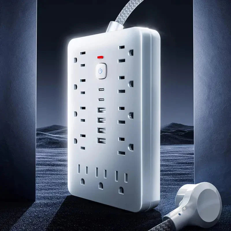 Skorter | 17-in-1 Surge Protector Power Cable 5Ft Braided Flat Extension Cable with 6 USB Chargers, 2 USB C, 11 AC Power Outlets