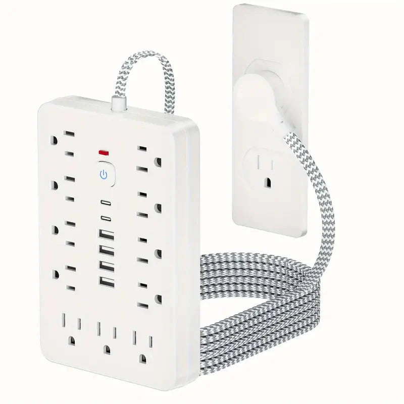 Skorter | 17-in-1 Surge Protector Power Cable 5Ft Braided Flat Extension Cable with 6 USB Chargers, 2 USB C, 11 AC Power Outlets