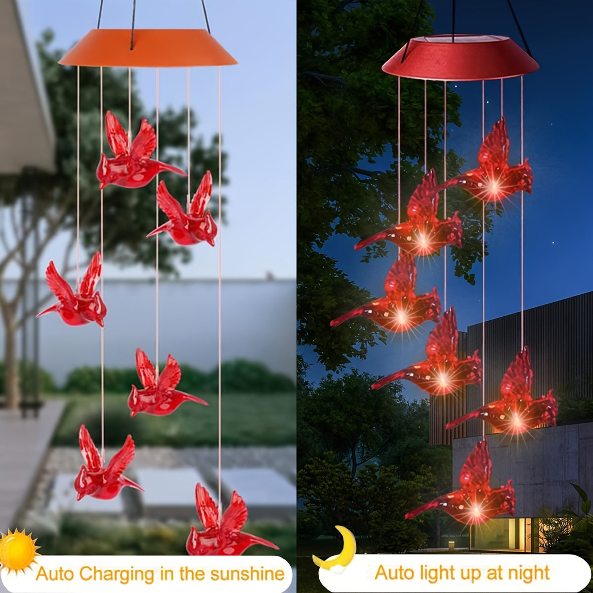 Skorter | Red Cardinal Bird Solar Wind Chimes with LED Lights - 4 Tubes, Waterproof Garden Decor for Patio, Perfect Gift for Mom, Grandma, Wife