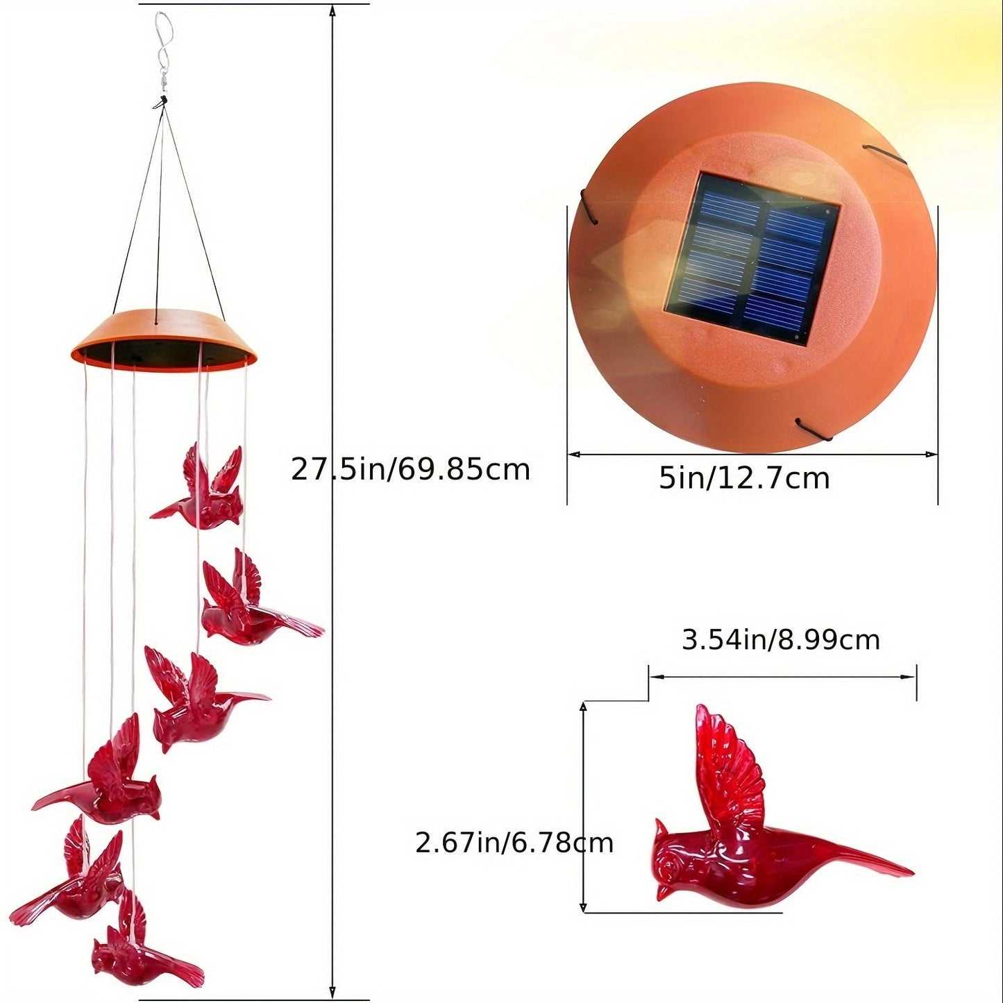 Skorter | Red Cardinal Bird Solar Wind Chimes with LED Lights - 4 Tubes, Waterproof Garden Decor for Patio, Perfect Gift for Mom, Grandma, Wife
