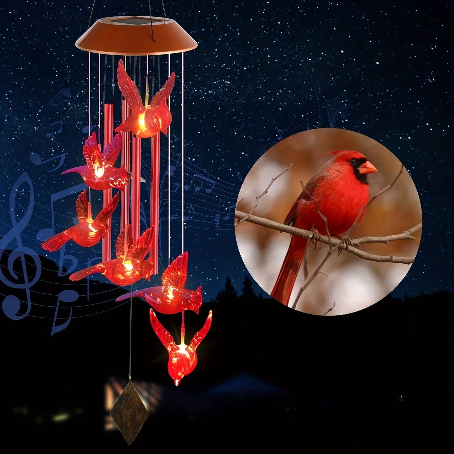 Skorter | Red Cardinal Bird Solar Wind Chimes with LED Lights - 4 Tubes, Waterproof Garden Decor for Patio, Perfect Gift for Mom, Grandma, Wife