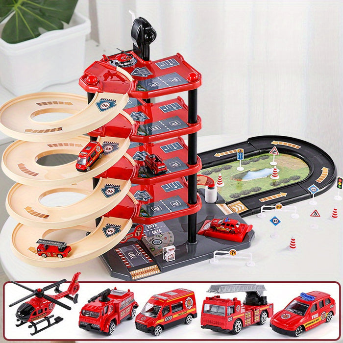Skorter | FirePark Garage Playset – Multi-Level Fire Station with Fire Trucks & Traffic Signs for Adventurous Kids