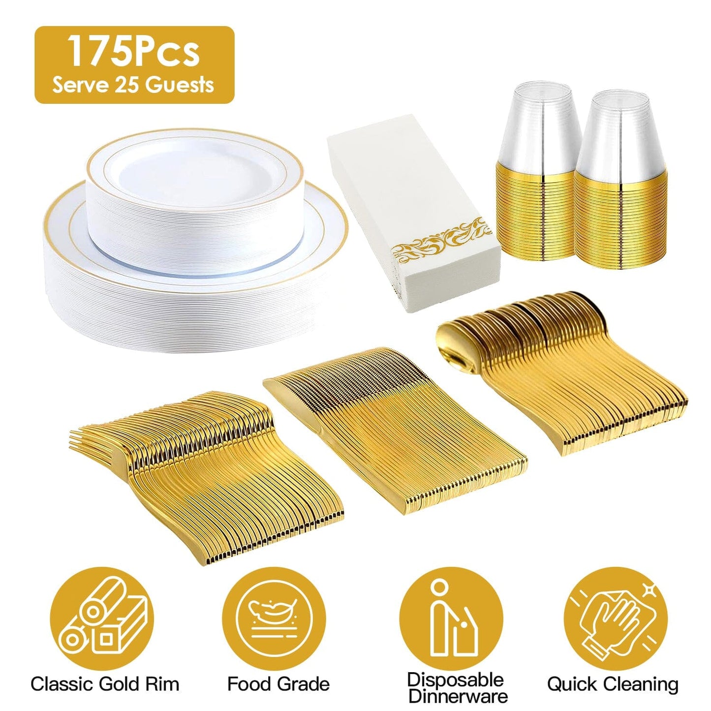 Skorter | 175-Piece: Disposable Gold Dinnerware Set