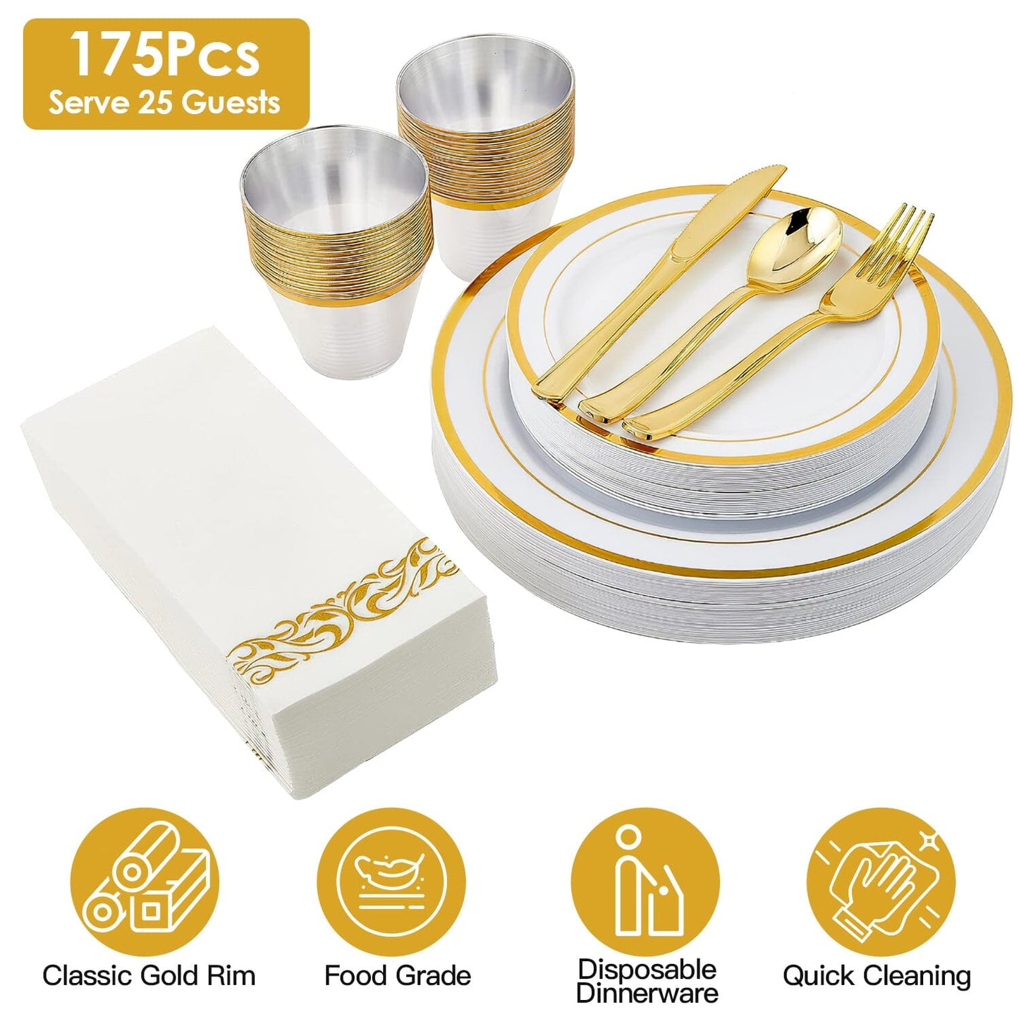 Skorter | 175-Piece: Disposable Gold Dinnerware Set