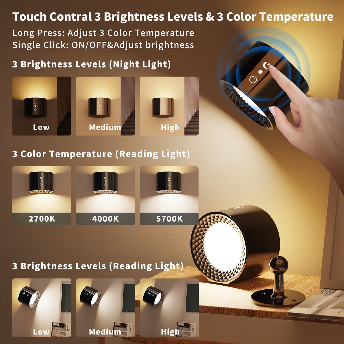 Skorter | Touch Controlled LED Wall Lamp Rechargeable