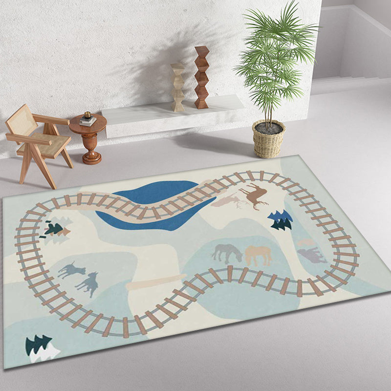 Skorter | Blue Rail Pattern Carpet with Animals Polyester Kids Carpet Pet Friendly Washable Non-Slip Carpet for the Bedroom