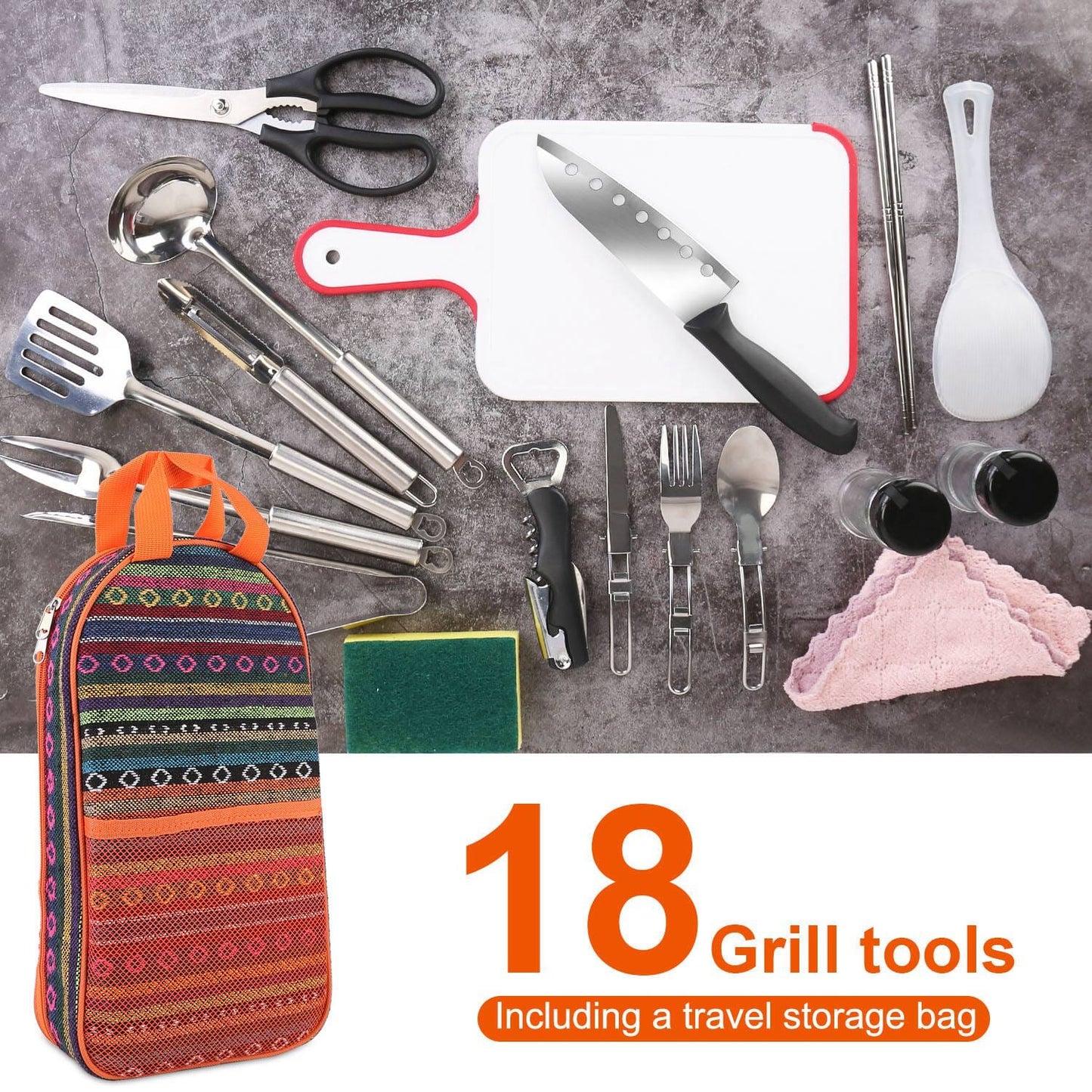 Skorter | 19-Piece: Camping Kitchen Utensil Set Portable Picnic Kitchen Equipment
