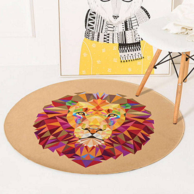 Skorter | Children's Room Rug in Orange and Ivory Animal Rabbit Lion Fox Print Rug Polyester Non-Slip Area Rug