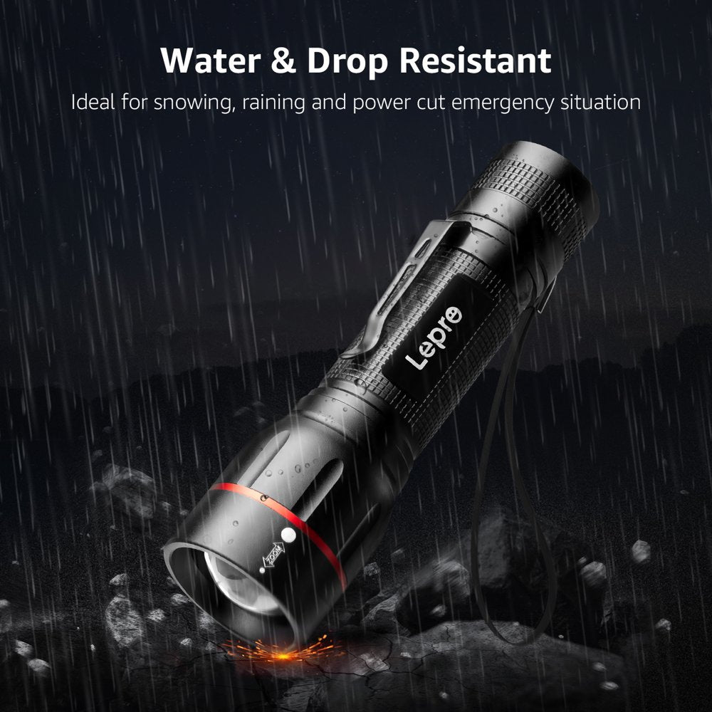 Skorter | 2-Pack LED Flashlights with Hook LE2050 Flashlight High Lumen Super Bright, 5 Light Settings, Zoomable Waterproof Lightweight Flashlights for Emergencies, Camping, Powered by AAA Battery,