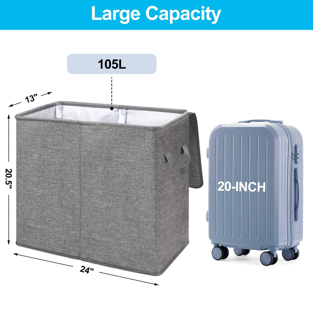 Skorter | Double Laundry Basket with Lid and Carry Bag, Large Foldable 2 Dividers Laundry Hamper with Handles for Bedroom, Laundry Room, Closet, Bathroom, College, Dark Gray
