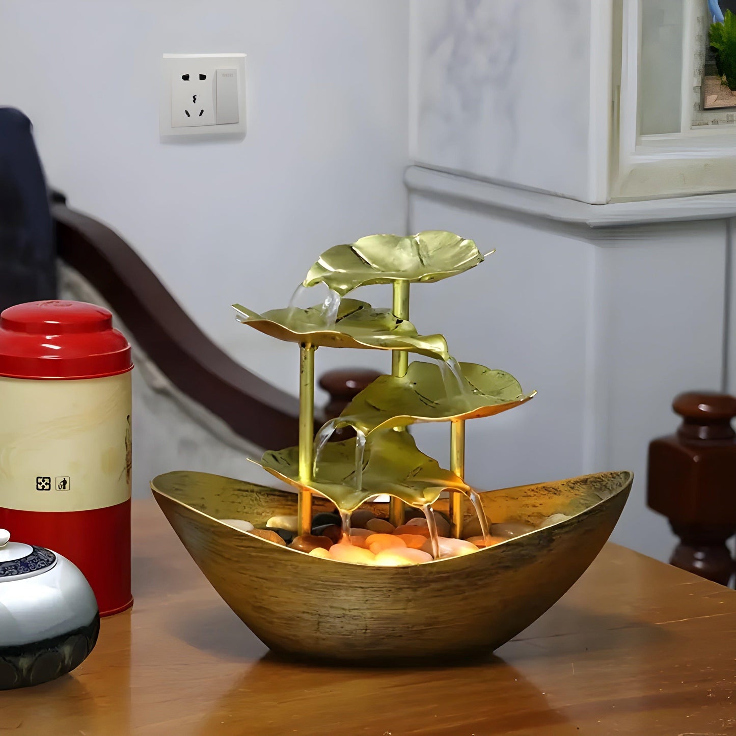Skorter | Aquaura - Table Fountain with LED lights made of soothing leaves