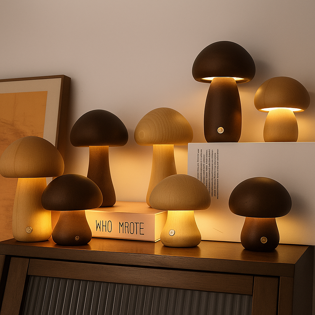 Skorter | LumoNight Wooden Mushroom Night Light – LED Bedside Lamp with Touch Control