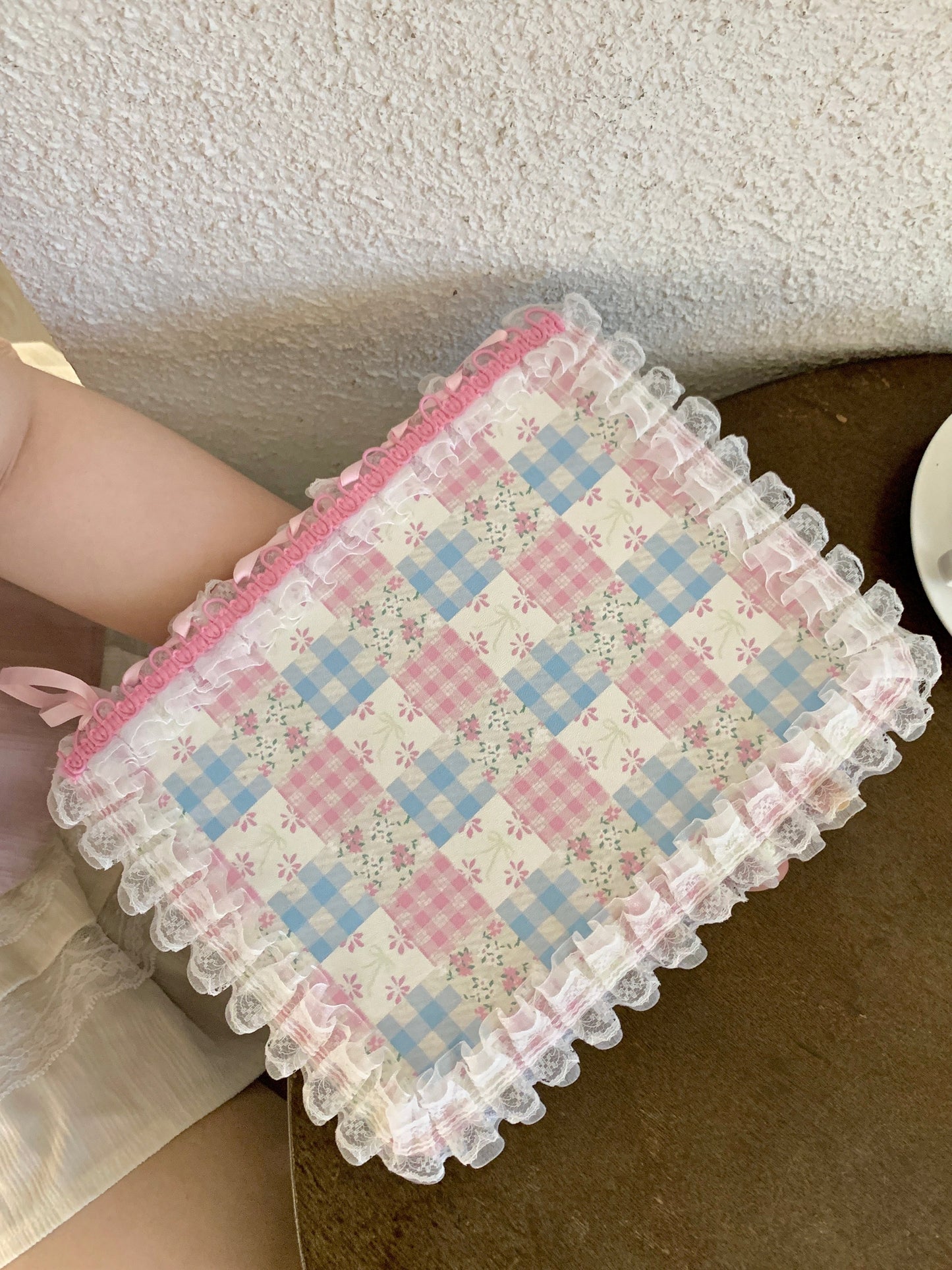 Skorter | Pastel Gingham Lace iPad Case – Pink & Blue Flower Stand Cover with Ruffle Hem