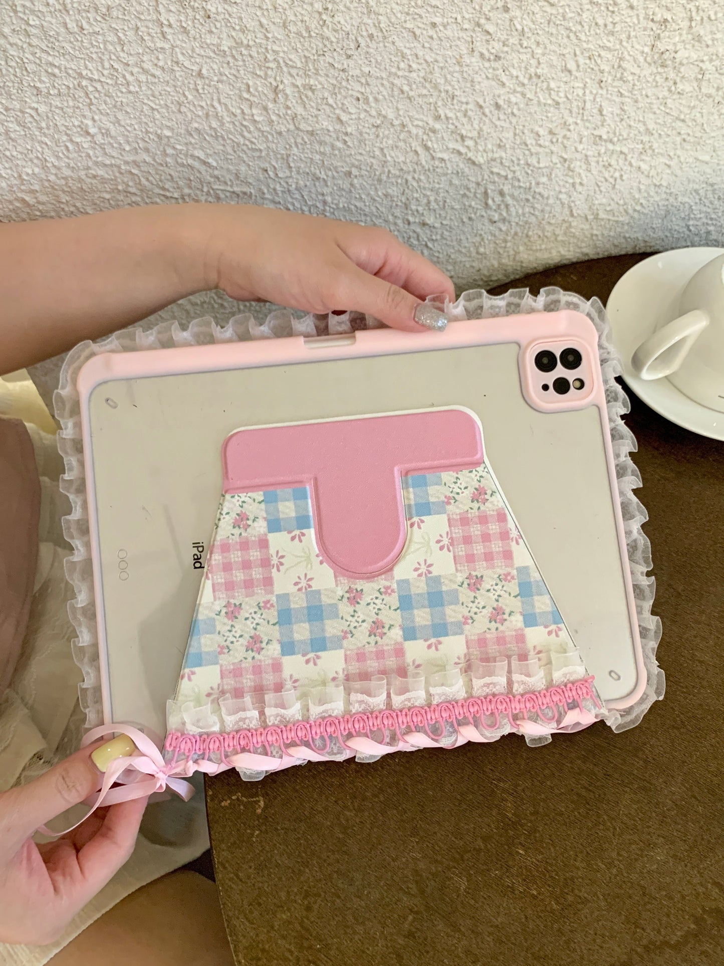 Skorter | Pastel Gingham Lace iPad Case – Pink & Blue Flower Stand Cover with Ruffle Hem