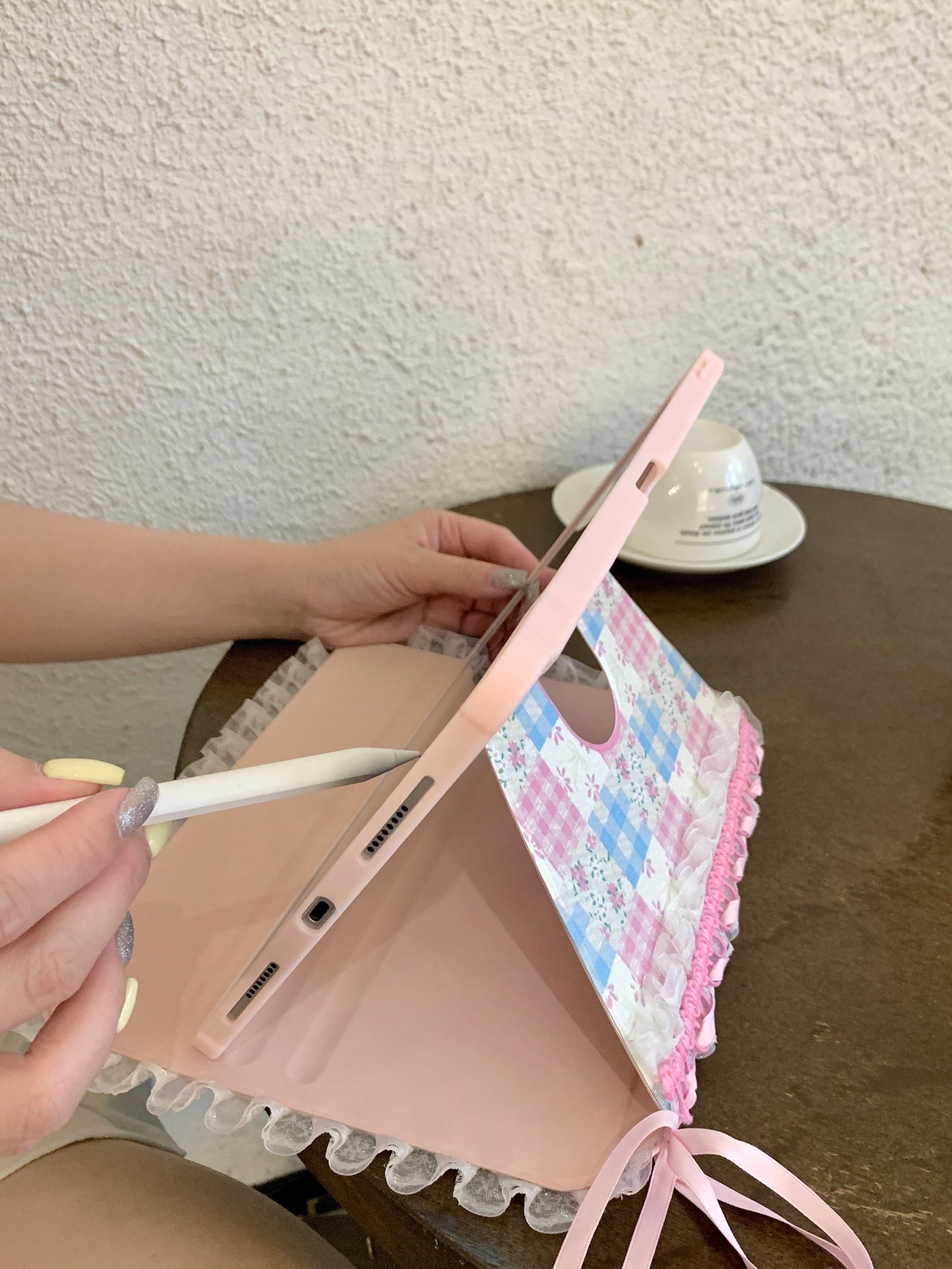 Skorter | Pastel Gingham Lace iPad Case – Pink & Blue Flower Stand Cover with Ruffle Hem