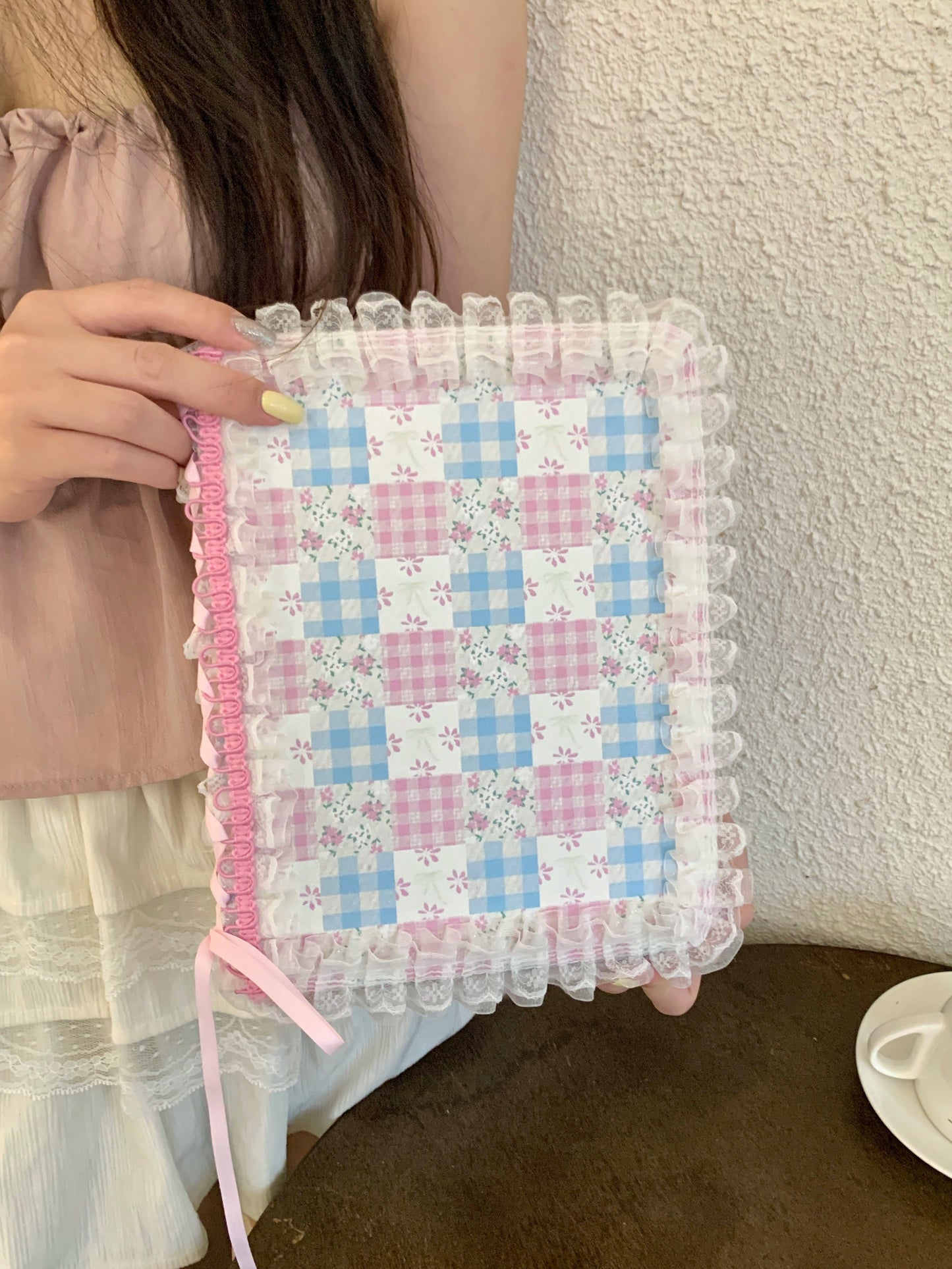 Skorter | Pastel Gingham Lace iPad Case – Pink & Blue Flower Stand Cover with Ruffle Hem