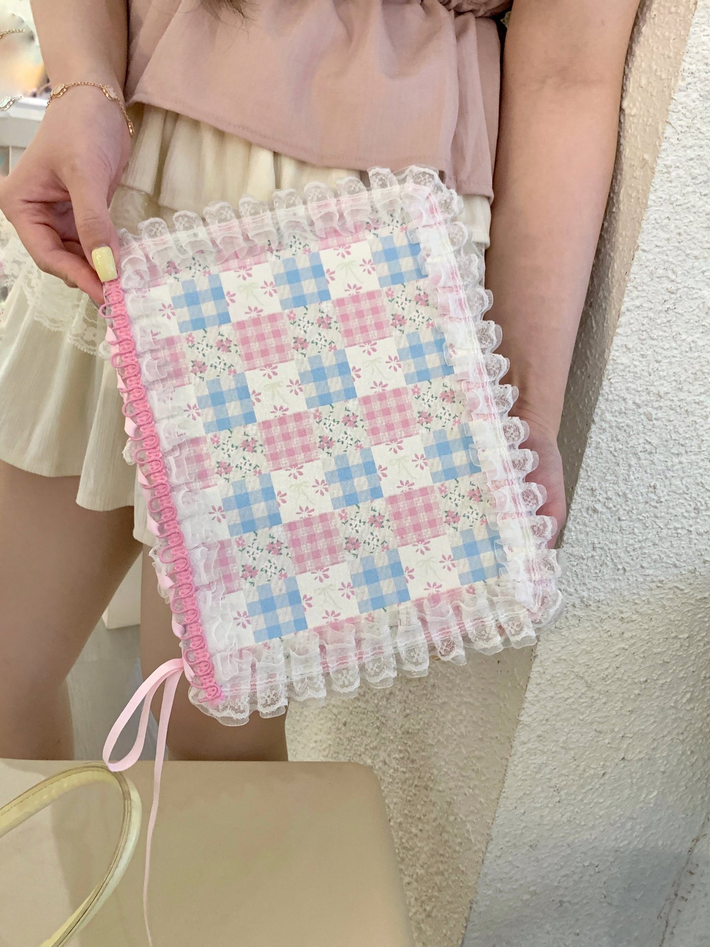 Skorter | Pastel Gingham Lace iPad Case – Pink & Blue Flower Stand Cover with Ruffle Hem