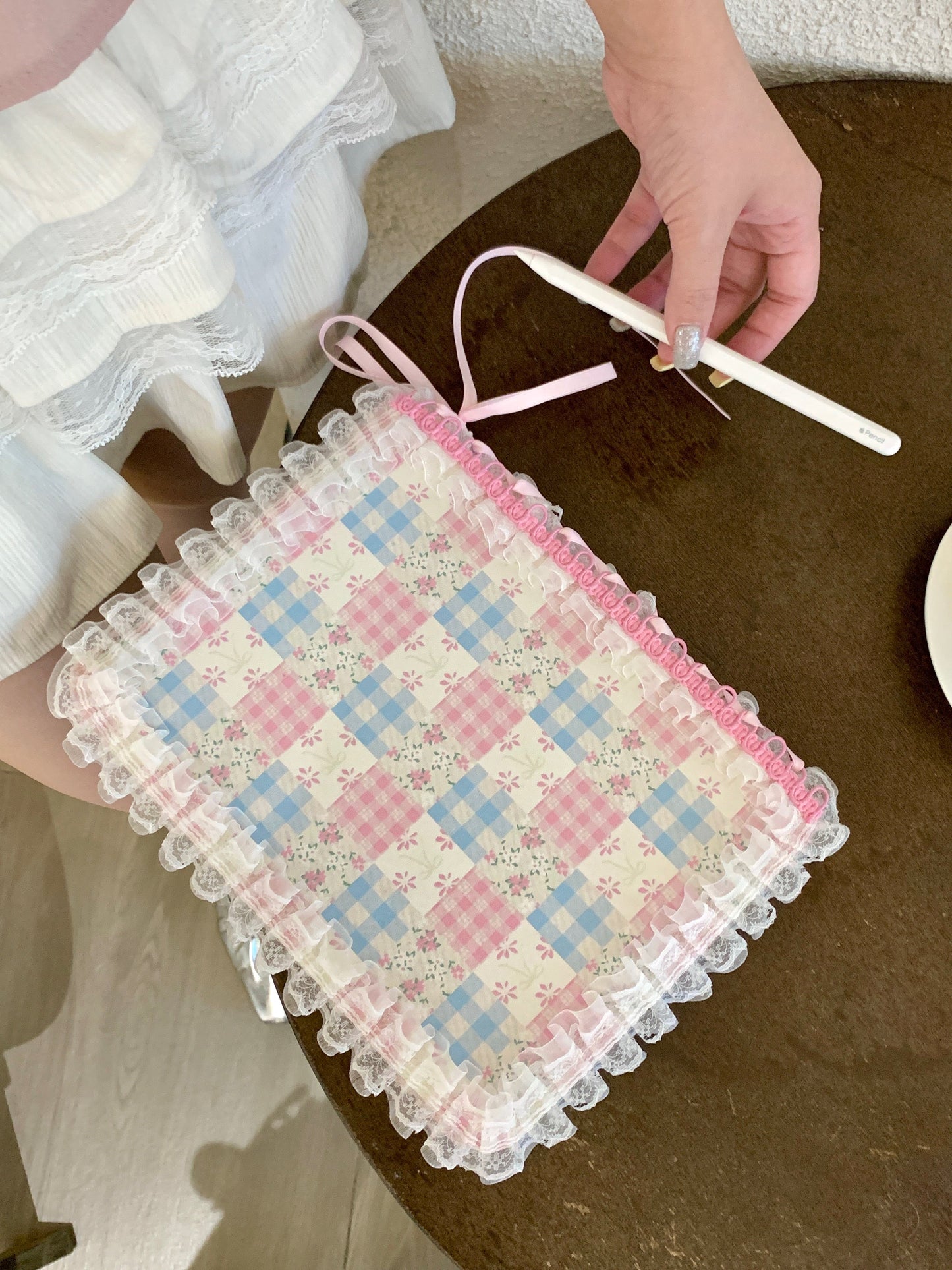 Skorter | Pastel Gingham Lace iPad Case – Pink & Blue Flower Stand Cover with Ruffle Hem