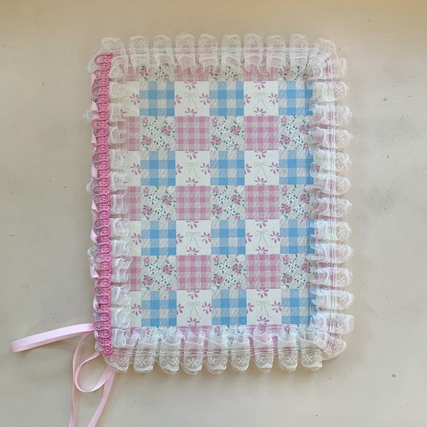 Skorter | Pastel Gingham Lace iPad Case – Pink & Blue Flower Stand Cover with Ruffle Hem