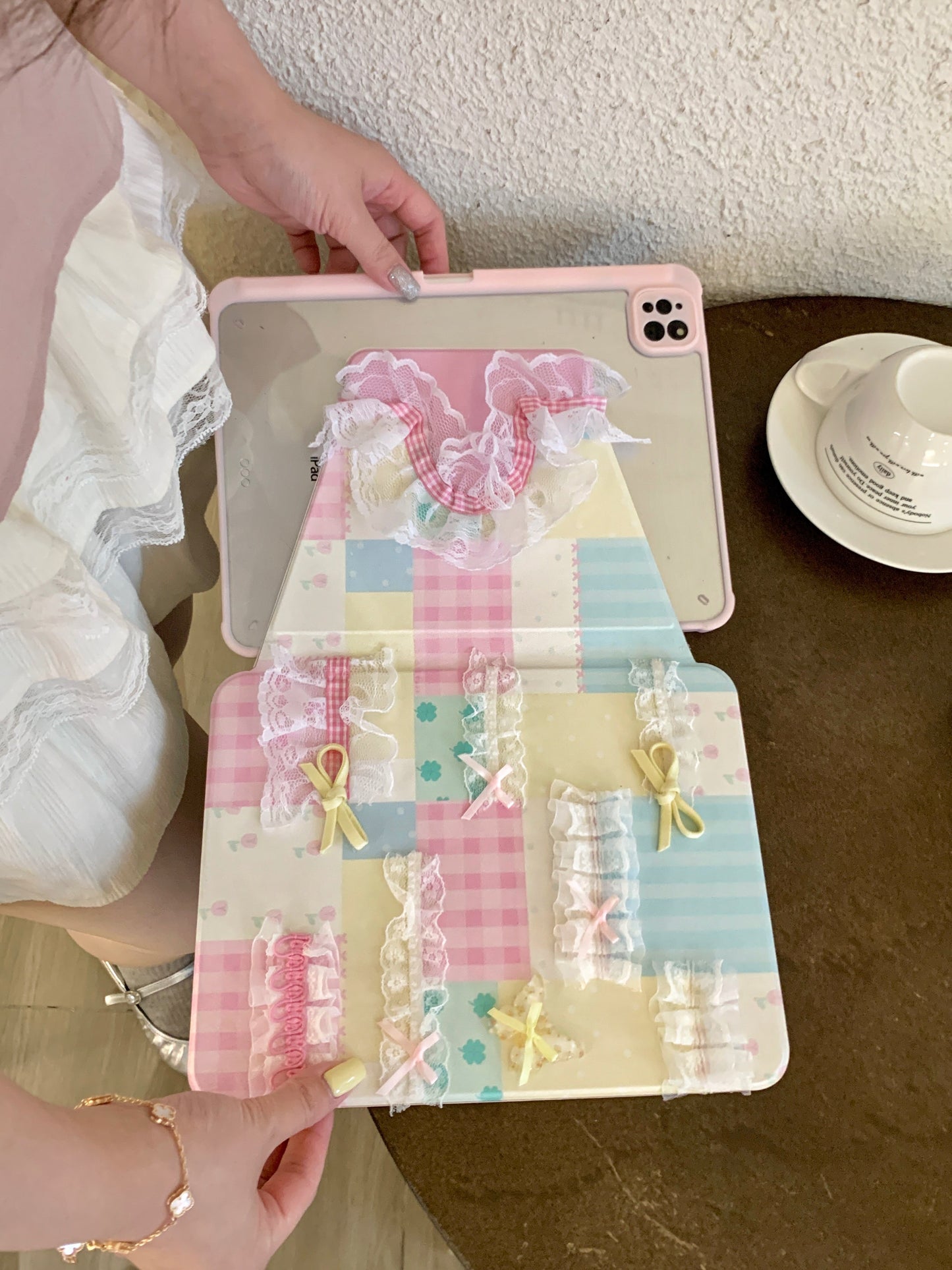 Skorter | Pastel Patchwork Lace iPad Case – Sweet Bows, Stand Case