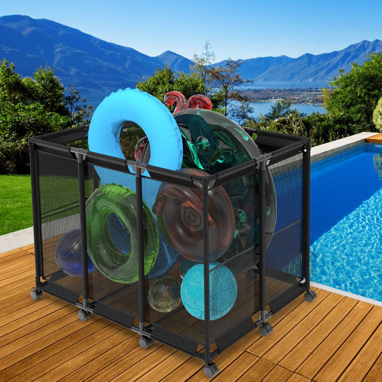 Skorter | 210 Gallon Pool Storage Bin Organizer Rolling Net Storage Basket with Lockable Wheel