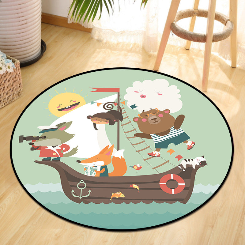 Skorter | Cute Animal Picnic Drawing Carpet Multi-Color Children's Art Carpet Synthetic Non-Slip Machine Washable Stain Resistant Carpet for Children's Room