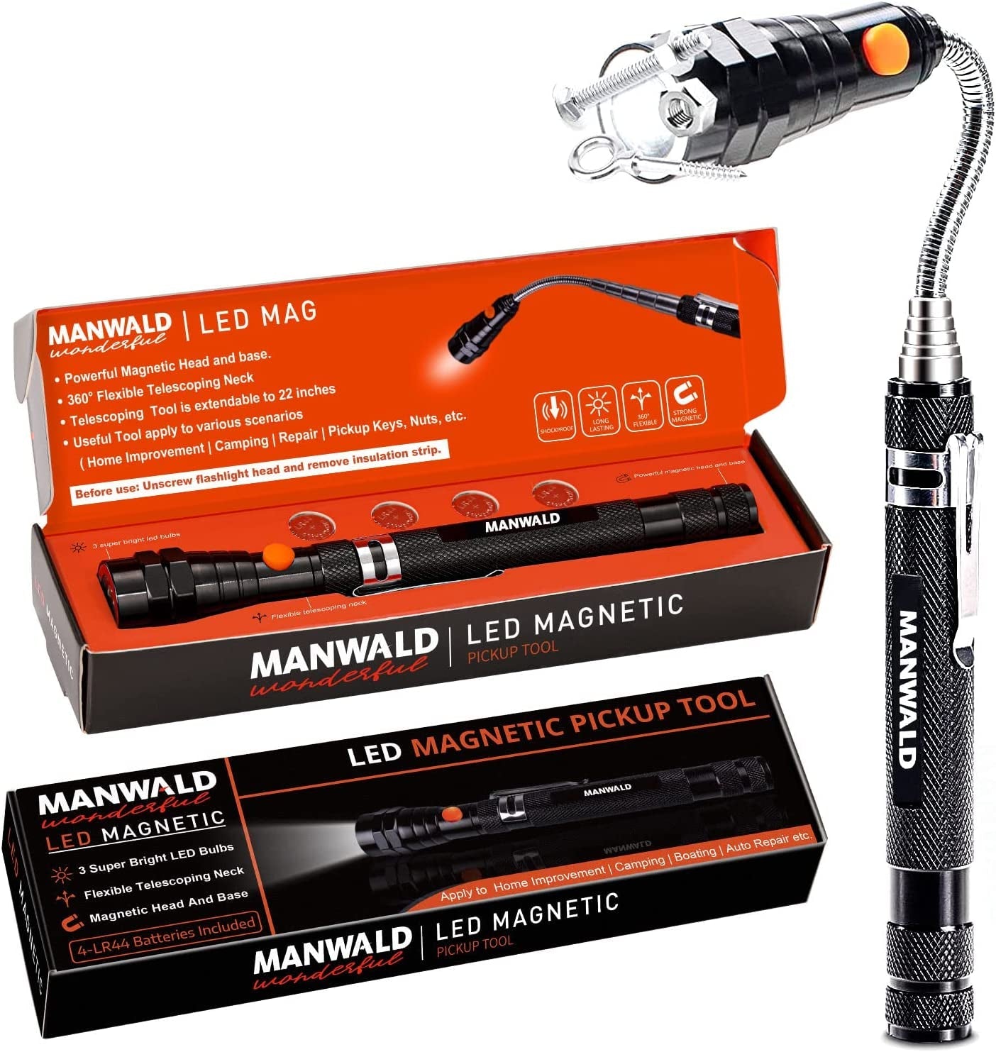 Skorter | Telescoping Magnetic Pickup Tool, LED Magnetic Flashlights with Extending Magnetic Rod, Birthday Gifts for Men, Father, Spouse, Craftsman, and Mechanic, Black