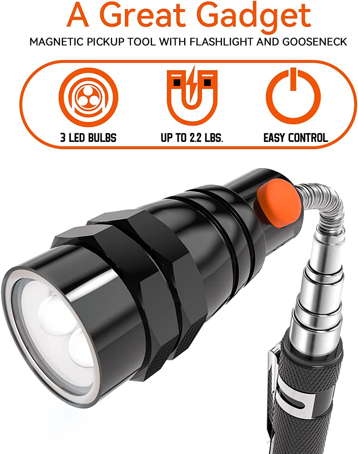 Skorter | Telescoping Magnetic Pickup Tool, LED Magnetic Flashlights with Extending Magnetic Rod, Birthday Gifts for Men, Father, Spouse, Craftsman, and Mechanic, Black