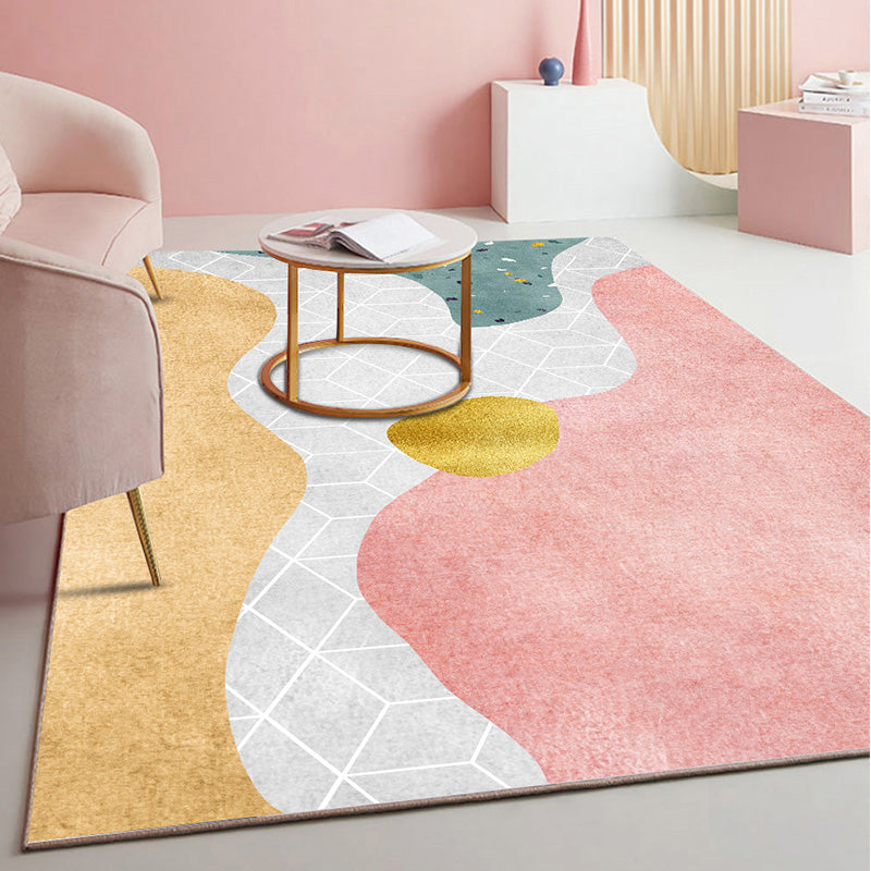 Skorter | Beautiful Bedroom Rug Multicolored Color Block Rug Polyester Non-slip Back Machine Washable Rug