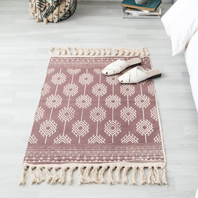 Skorter | Ethnic geometric pattern rug Multi-color cotton blend area rug machine washable handwoven rug with fringes for room