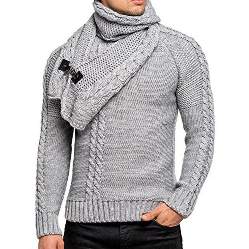 Men's stylish knitted sweater with chic collar and practical scarf Skorter