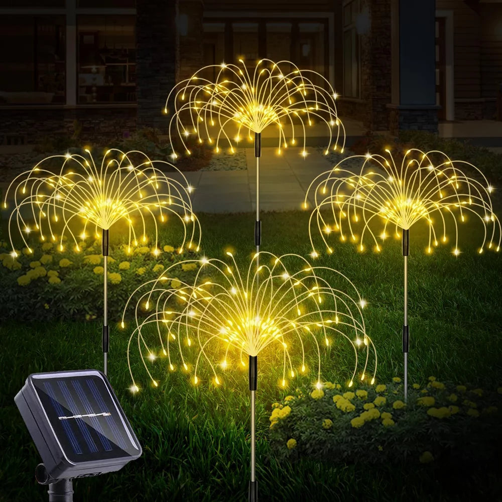 Skorter | Outdoor sunlight, Solar firework lights, 4 pack solar garden lights with 120 LED hedge star lights 8 modes patio fairy lights for pathway lawn backyard decoration (Warm white)