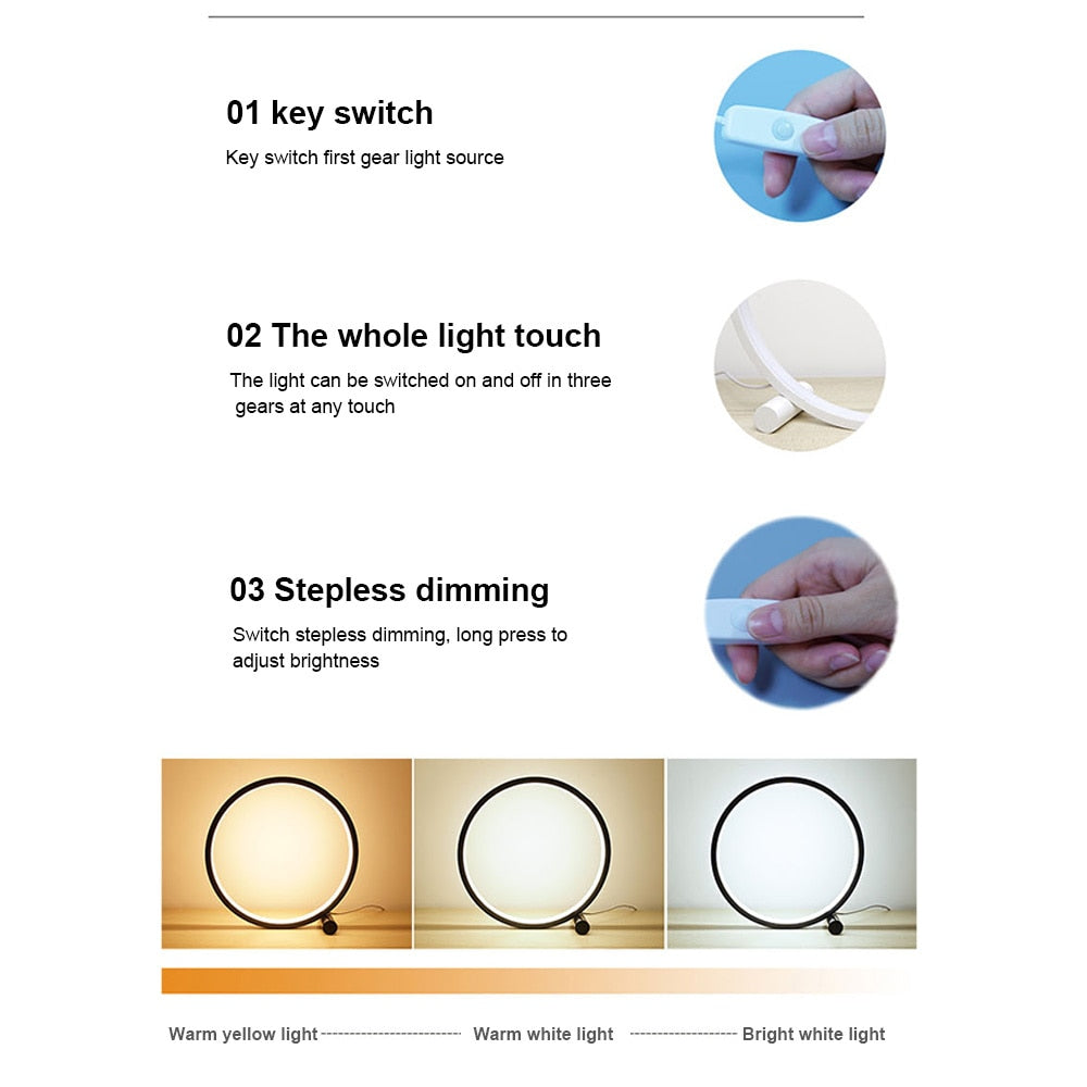 Skorter | 25CM LED Table Lamp Bedroom Circular Desk Lamps For Living Room Black/White Dimmable Nightstand Lamp Round Night Light Decoration