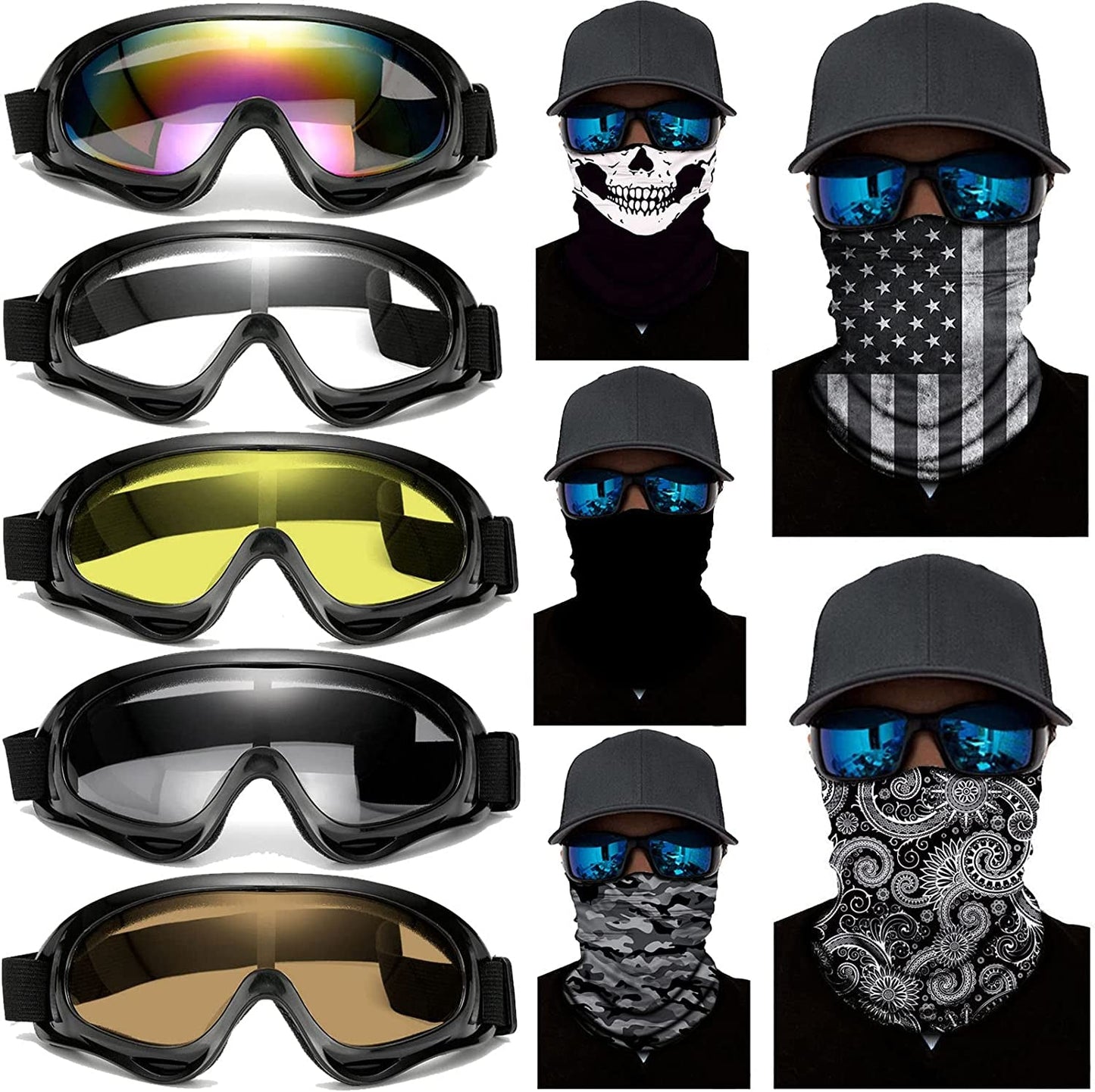 Skorter | 10 Packs Motorcycle Accessories, 5PCS Mountain Bike Ski Goggles Dustproof Windproof Safety Glasses and 5PCS Face Masks