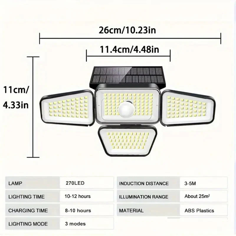 Skorter | 270 LED Wall Light with Motion Sensor - 4-Head Lamp, 3 Light Modes, Wide Angle Safety Wireless Flood Light