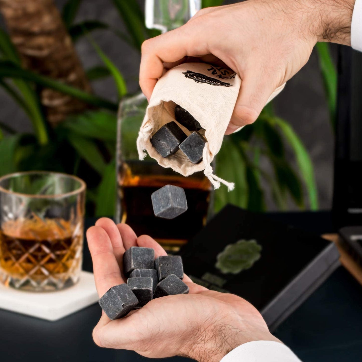 Skørter | Premium Whiskey Stones Gift Set with 12 Pcs Stones and Bag. Whiskey, Bourbon, Cognac, Scotch, Gin, Wine Drink. Marble Reusable Ice Cubes. Birthday Gift for Whiskey Lovers.… (Dark Grey)