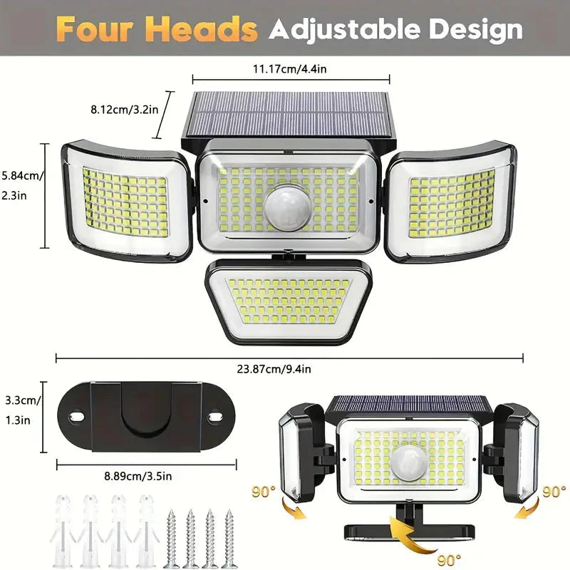 Skorter | 278LEDs 3000LM Motion Sensor 6500K Solar Powered, 4 Heads Security Floodlight, 300° Wide Angle Wall With 3 Modes