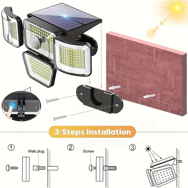 Skorter | 278LEDs 3000LM Motion Sensor 6500K Solar Powered, 4 Heads Security Floodlight, 300° Wide Angle Wall With 3 Modes
