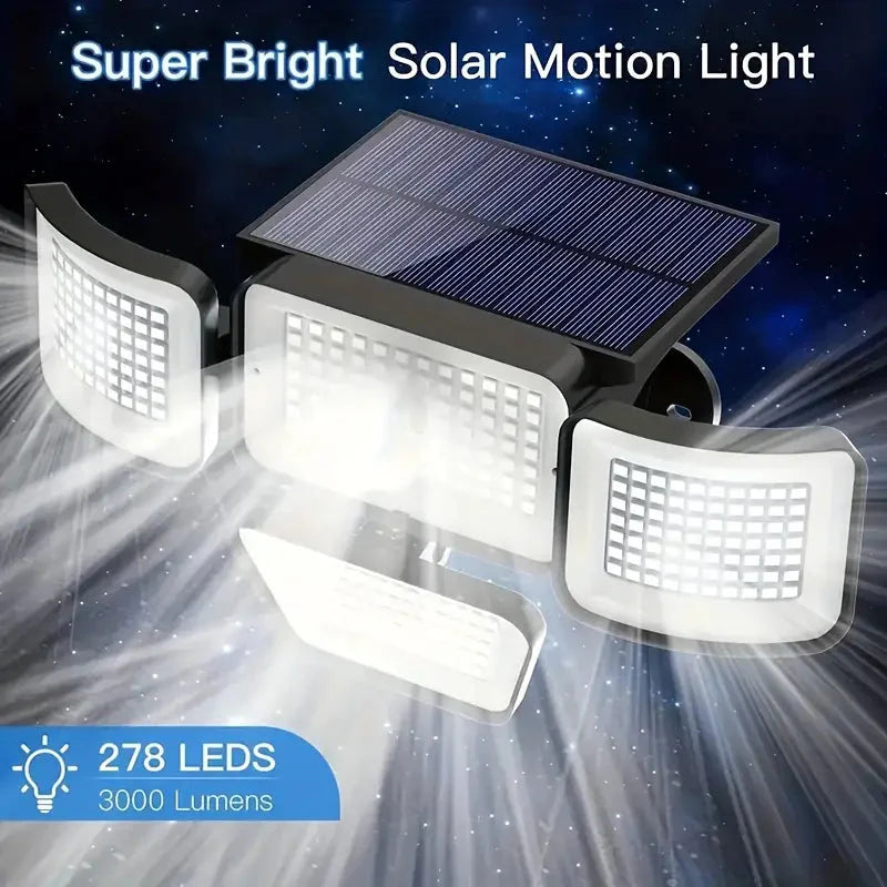 Skorter | 278LEDs 3000LM Motion Sensor 6500K Solar Powered, 4 Heads Security Floodlight, 300° Wide Angle Wall With 3 Modes