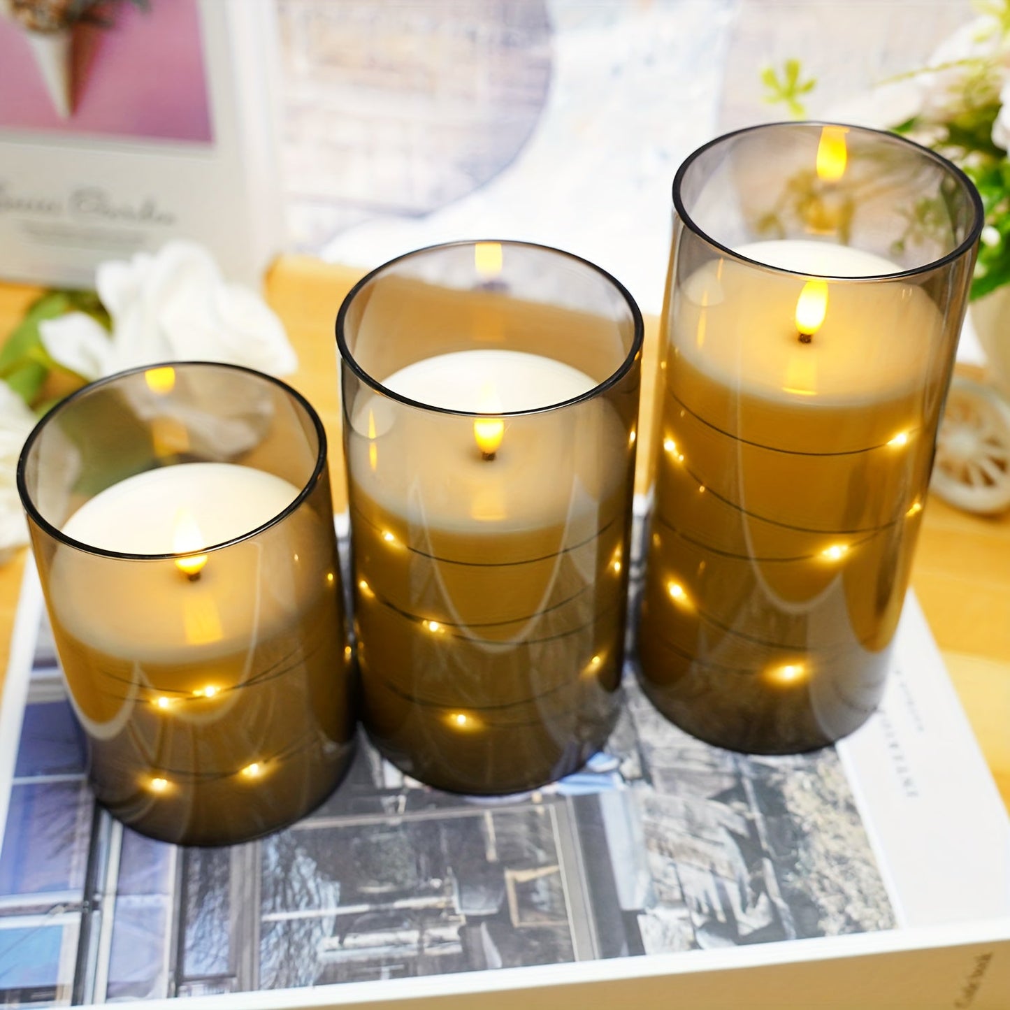 Skorter | Flameless LED Candle Holders With Star Shaped Light Chain – 3-Pack Gray (D3*H10.16cm12.7cm15.24cm) Included Remote Control & Timer