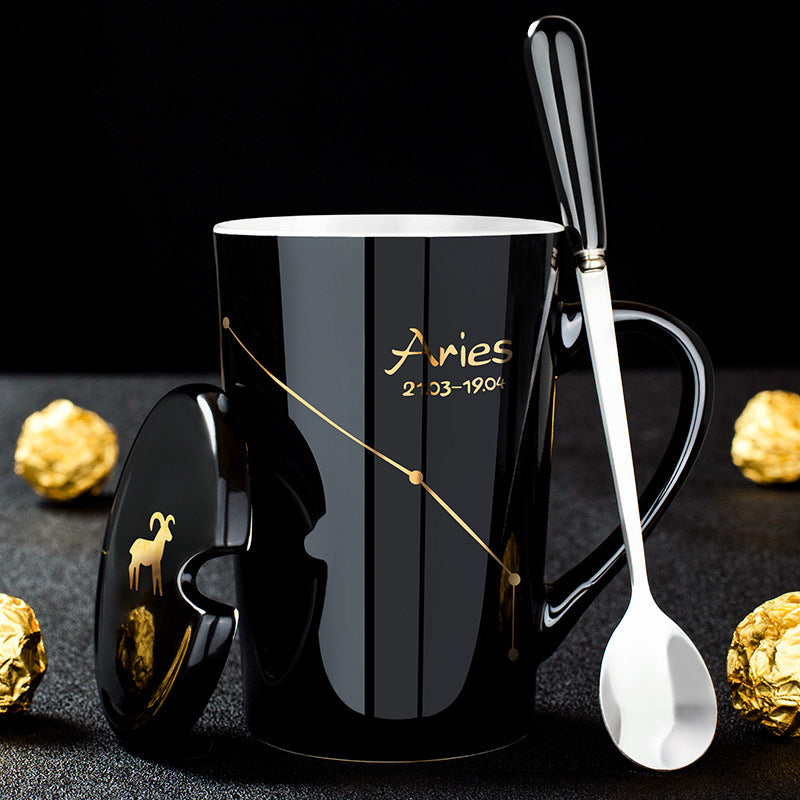 skorter | 12 constellations black ceramic mug with lid spoon