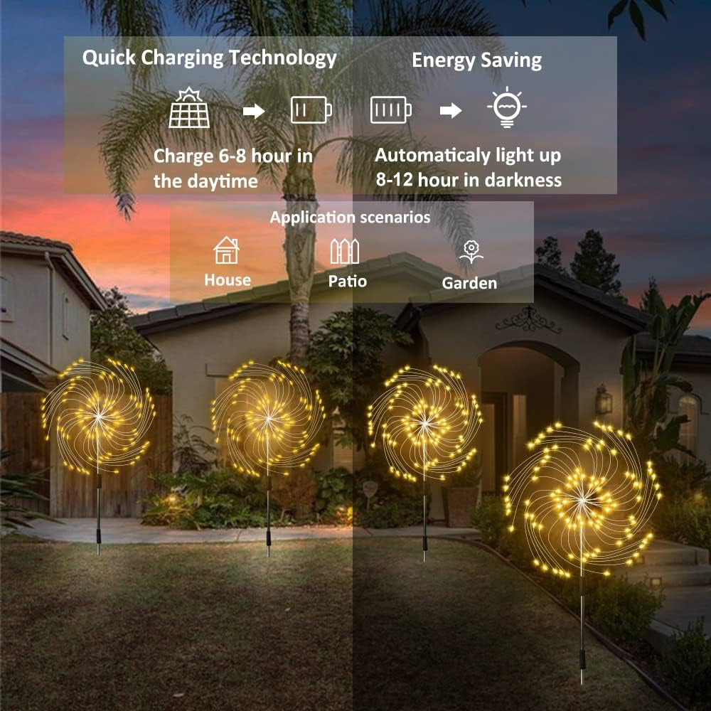 Skorter | Outdoor sunlight, Solar firework lights, 4 pack solar garden lights with 120 LED hedge star lights 8 modes patio fairy lights for pathway lawn backyard decoration (Warm white)