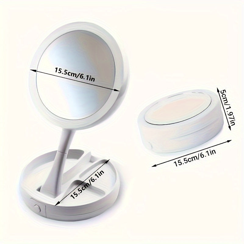 Skorter | Foldable Makeup Mirror with LED Lighting and Storage Box – Double-Sided 1X and 10X Magnifying Mirror for Table or Vanity