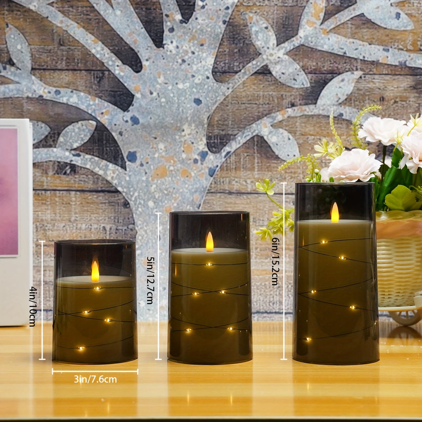 Skorter | Flameless LED Candle Holders With Star Shaped Light Chain – 3-Pack Gray (D3*H10.16cm12.7cm15.24cm) Included Remote Control & Timer