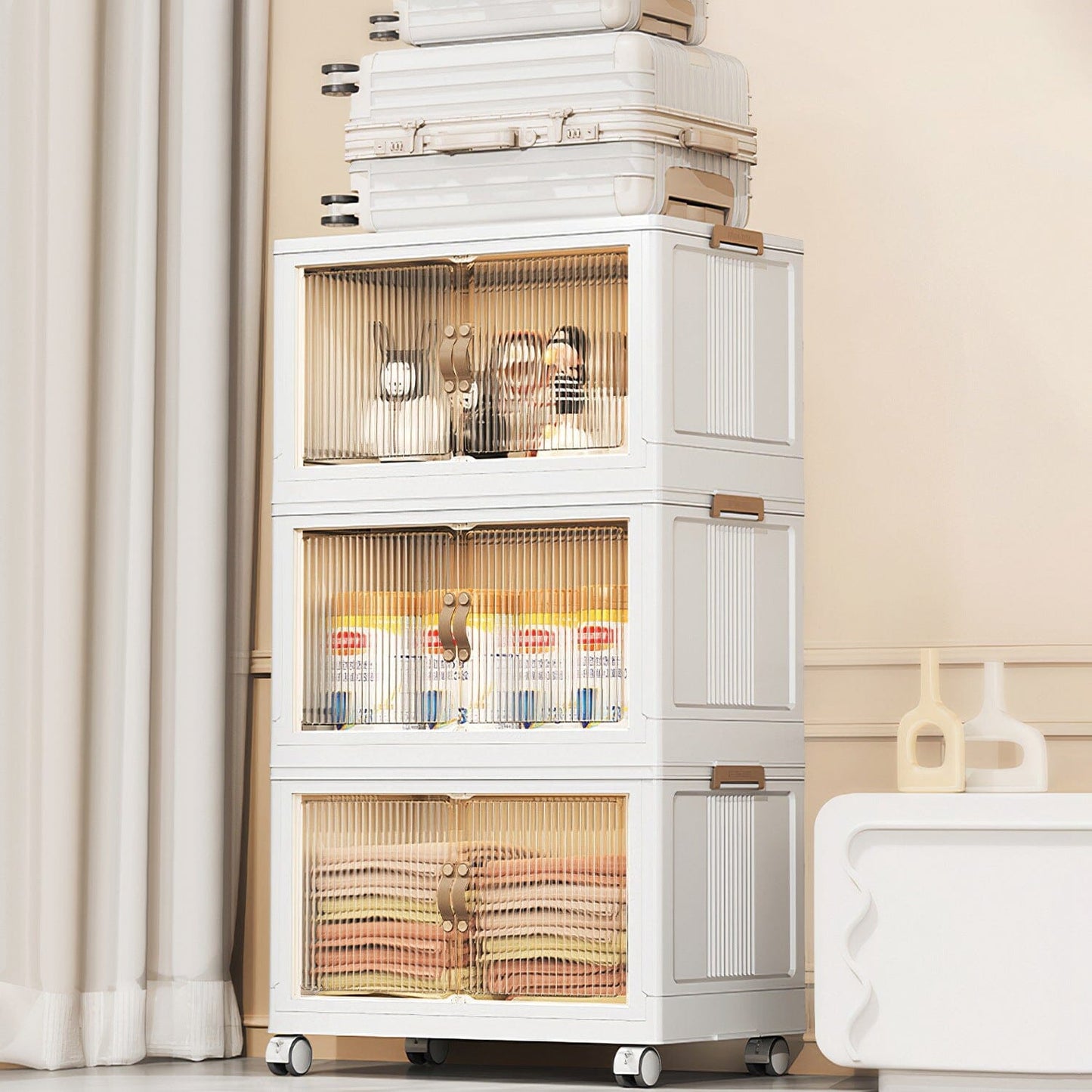 Skorter | 3-pieces: Collapsible storage boxes with lid Front magnetic door Collapsible stackable cabinet organizer