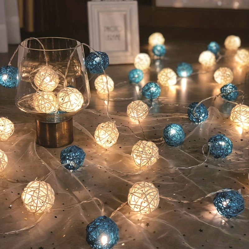 Skorter | LuxeGlow - Blue White Rattan Light Chains 2m 20 LED's, Battery Powered Decorative Lighting