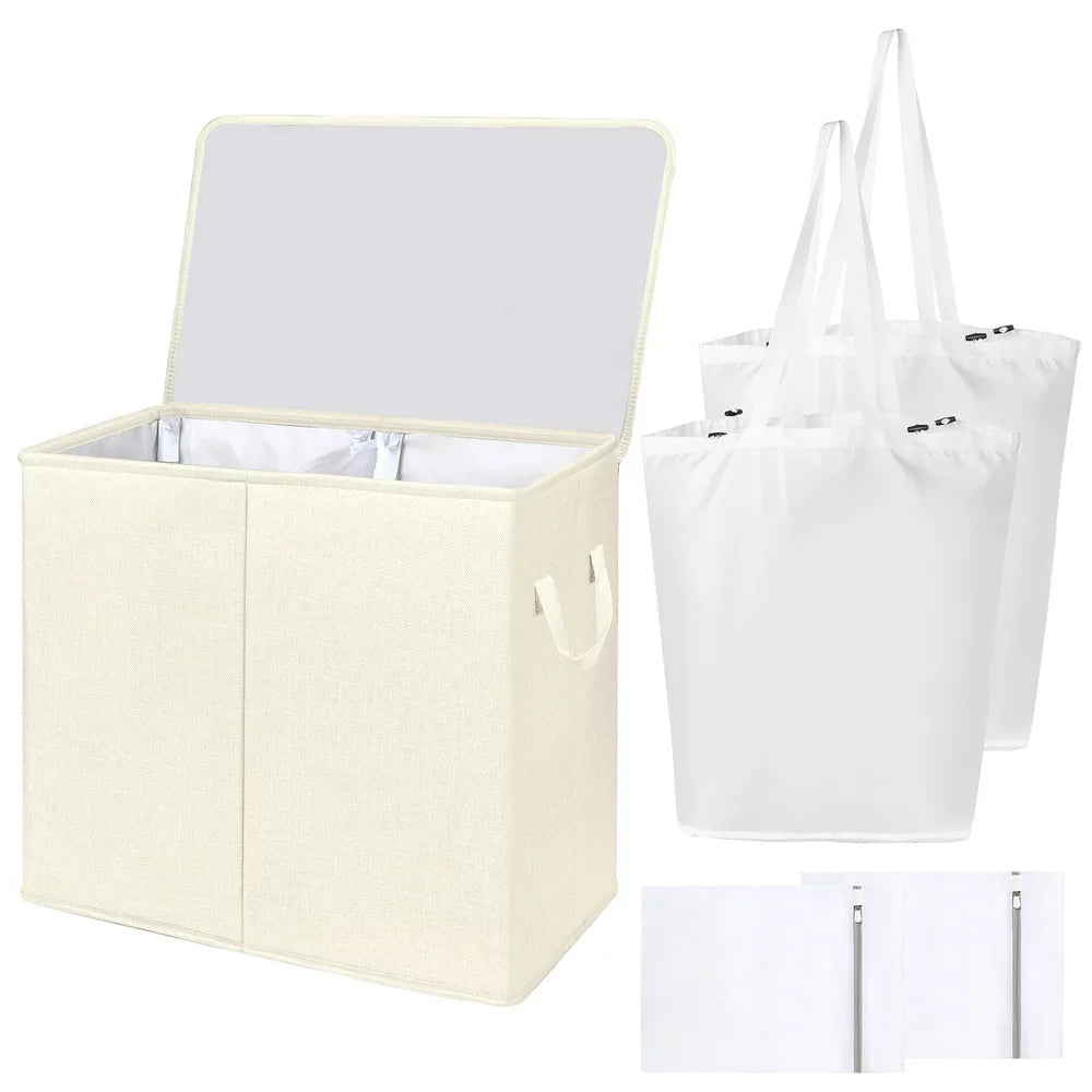 Skorter | Double Laundry Basket with Lid and Carry Bag, Large Foldable 2 Dividers Laundry Hamper with Handles for Bedroom, Laundry Room, Closet, Bathroom, College, Dark Gray